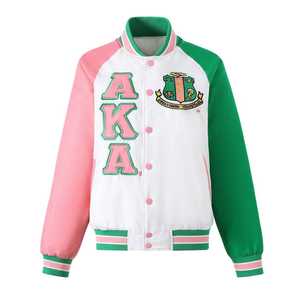 Chaqueta Bomber AKA con Forro Personalizado, Bordado con Letras Griegas, Rosa, Verde y Blanco, Estilo Universitario, para Mujer - Product Image 1