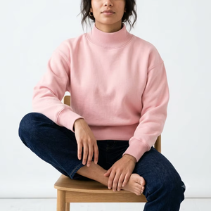 Sweat-shirt oversize pour femme à col montant en mélange de coton, molleton brossé, brodé et imprimé, respirant, pull d'hiver - Product Image 1