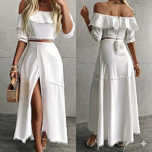 ชุดเสื้อครอปแต่งลูกไม้แบบเปิดไหล่สุดหรูและกระโปรงแม็กซี่ผ่าสูง - Product Image 3