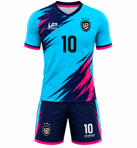 ชุดเสื้อฟุตบอลและกางเกงขาสั้นสีชมพูเทอร์ควอยซ์แบบซับลิเมชั่น ระบายอากาศได้ดี ผลิตจากโพลีเอสเตอร์ ชุดยูนิฟอร์มทีมฟุตบอล ชุดกีฬา - Product Image 1