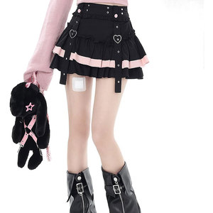 Hot Sell Girl's Goth Vintage Casual Elastic Waist Color Blocking Rivet Lace Trim Layered Pleated Skirt for Women - Product Image 3