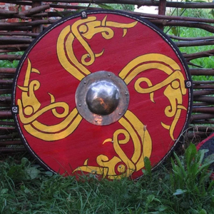 Bouclier Viking en bois fait main avec embout en acier inoxydable, motif nordique rouge, personnalisable OEM, qualité industrielle, pour la chasse en extérieur - Product Image 1