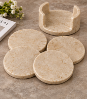 Ensemble de 4 sous-verres en marbre naturel de qualité supérieure avec support assorti, couleur ivoire beige chaud, sous-verres ronds pour table