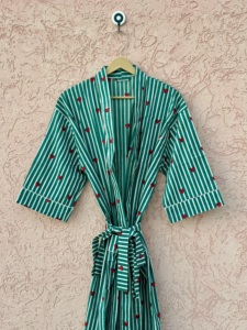 Green Striped Kimono <b>Robe</b> for Women Red Heart Hand Block Print Wrap Cotton Bathrobe Cozy Loungewear Spring/Summer <b>Beach</b> Cover - Product Image 2