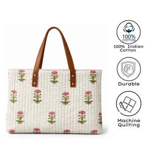 Bolsos de Lona Acolchados Estructurados con Estampado Artesanal de Jaipur, Ligeros, Hechos a Mano, con Asas de Cuero, para Uso Diario en Todas las Estaciones - Product Image 4