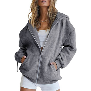 Sudadera con capucha extragrande para mujer, con cremallera, de color liso, de algodón tejido, manga larga, personalizada, al por mayor - Product Image 6
