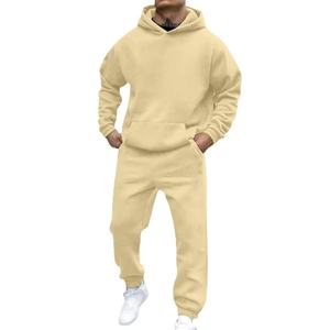 <b>Men's</b> Heavyweight Fleece Tracksuit Set Beige Khaki Oversized <b>Pullover</b> Hoodie & Matching Jogger Sweatpants - Product Image 3