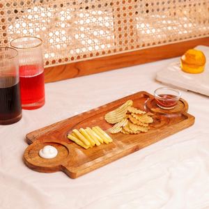 Plateau de service en bois d'acacia avec bols à sauce, planche à collation en bois faite à la main, plateau rustique pour la maison et les cafés, universel pour l'exportation - Product Image 3