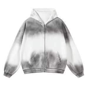 Sweat-shirts à capuche zippés 100 % coton de qualité supérieure, avec poignets et ourlets côtelés, légèrement délavés avec effet bicolore pour hommes - Product Image 1