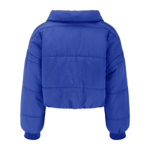 Veste matelassée personnalisée pour femme, bleu uni, manches longues, col montant, fermeture éclair, rembourrage épais en coton, longueur courte, pour l'hiver - Product Image 2