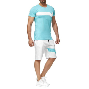 Men's Light Blue <b>White</b> Color Blocking Crew Neck T-Shirt And Shorts Set Casual Summer Wear Breathable Knitted Fabric - Product Image 2