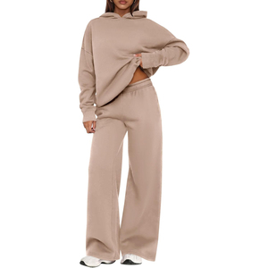Ensemble de survêtement pour femme, rouge, à capuche, couleur unie, manches longues, coupe ample, pantalon de jogging, automne, décontracté, respirant, 100% coton - Product Image 5