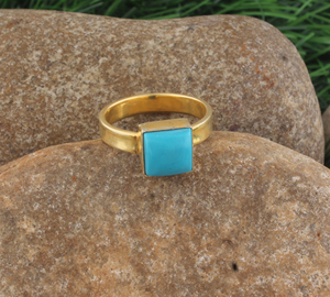 Shree Jaipur <b>Silver</b> 18K Gold Plated Square Turquoise 925 <b>Sterling</b> <b>Silver</b> Flat Band Classic Bezel <b>Set</b> Gemstone <b>Ring</b> Custom Fine - Product Image 4