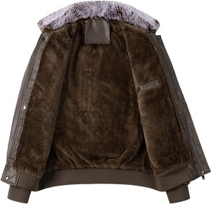 Men Brown PU Leather Nonwoven Bomber <b>Jacket</b> with Fur Collar Zipper Front Windproof Autumn Moto <b>Biker</b> Style - Product Image 4