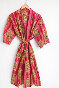 Bata Kimono Rosa con Estampado Floral de Algodón, Cuello en V, Cierre con Cordón, Transpirable, para Mujer, Estilo Boho, para Playa, Spa, Resort, Venta al por Mayor - Product Image 2