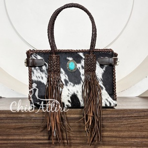 Bolso Tote de Cuero Genuino de Vaca Hecho a Mano con Flecos, Estilo Western, para Mujer, con Asas Trenzadas y Borlas - ¡Venta Caliente! - Product Image 1