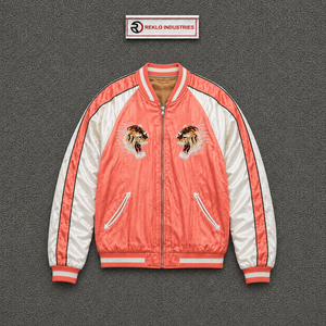 Veste universitaire personnalisée en satin rose corail avec manches contrastées blanches, broderie double tête de tigre de qualité supérieure, veste de luxe tendance - Product Image 5