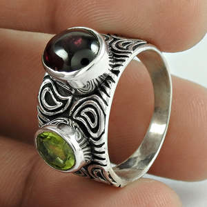 Natural <b>Garnet</b> & Peridot Statement Boho <b>Ring</b> Trending 925 Sterling Silver Oval Cut Gemstone <b>Ring</b> Handmade Bohemian Style Jewelry - Product Image 3