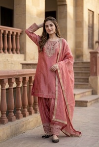 Boutique Fendy Silk Palazzo Coordinate Featuring Ornate Coding Embroidery Sequined Tunic Lace Finished Drape Womens Celebration - Product Image 3