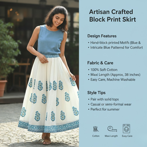 กระโปรงผ้าฝ้าย 36 คามีลี งานฝีมือพิมพ์ลายด้วยมือสำหรับผู้หญิง ทรงบานยาว พร้อมซับในลายดอกแอสเตอร์ แต่งขอบด้วยผ้าตัดเย็บแบบต่างสี ดีไซน์แบบเดรส - Product Image 6