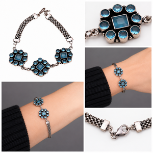 Bracelet en laiton perlé, motif floral ethnique, serti de pierres synthétiques bleues, plaqué argent antique, pour femme - Vente chaude en gros - Product Image 2