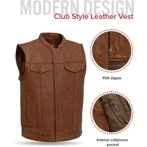 Custom Men's Brown Perforated Genuine Cowhide <b>Leather</b> Motorcycle Vest Stand Collar <b>Biker</b> Club <b>Leather</b> <b>Waistcoat</b> - Product Image 1