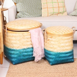 Panier à linge en bambou avec poignées latérales, bac de rangement multi-usages, bacs à couvercle en fibres naturelles - Product Image 6