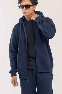 Sudadera con Capucha y Cierre para Hombre, Color Azul Marino, Corte Regular, 100% Algodón Felpa, Estilo Casual para Otoño, Tejido de Punto, Color Sólido - Product Image 4