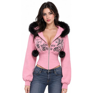 Veste à capuche rose pour femme avec fermeture éclair, col en fausse fourrure et pompons, style personnalisé, vêtements d'hiver - Product Image 2