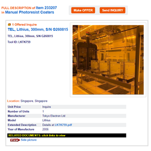 TEL LITHIUS COT/DEV - Équipements et pièces semi-conductrices d'occasion fiables à l'échelle mondiale - Product Image 2