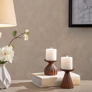 Handcrafted Wooden Candle Holders with Pillar Candles, Rustic Brown Decorative Candle Stand for Living Room, Dining <b>Table</b> - Product Image 2