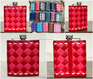 Wholesale Customized Hand Tooled Genuine Leather Stainless Steel Hip Flasks Colorful Checkered Cover Portable Liquor <b>Cooler</b> Bags - Product Image 3