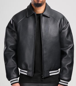 Chaqueta Bomber de Cuero Negra para Hombre, con Cierre, Cuello Camisero, Puños a Rayas, Chaqueta Casual de Cuero Genuino, Secado Rápido y Transpirable - Product Image 3