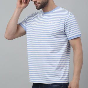 Men's <b>Blue</b> <b>White</b> <b>Striped</b> Short Sleeve O-Neck T-Shirt Regular Fit Casual Jersey Print Letter Pattern Front Logo OEM 220g - Product Image 5