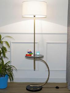 Modern Brass Floor Lamp With Side Table White Drum Shade LED Warm Light Living Room Decorative <b>Standing</b> Lamp - Product Image 1