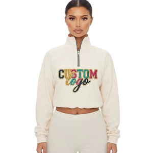 Clothing OEM Ladies Cropped Quarter Zip Women's Hoodies Branding Embroidery 100% Cotton Stand Collar Customized Sweatshirt USA - Product Image 1