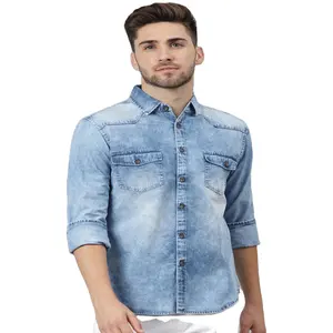 Chemises à manches longues en jean bleu délavé pour homme, nouveau look, 2 poches, meilleures ventes, 2022