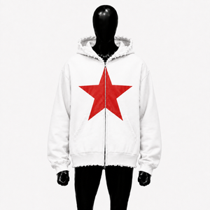Sudadera con capucha blanca extragrande con cremallera completa, estampado de estrella roja y borde desgastado, estilo streetwear unisex de ajuste holgado - Product Image 1