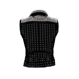Men's Moto Biker Style Woolen Genuine Leather <b>Vest</b> Rivets Spikes Turn-down Collar Zipper Closure Winter Outer Wear Windproof - Product Image 2