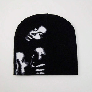 Bonnet unisexe en jacquard à motif, bonnet tricoté chaud d'hiver, style streetwear, imprimé squelette, casquette hip-hop - Product Image 2