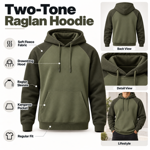 Sweat à capuche pour homme avec empiècements contrastants, épaules raglan, style urbain décontracté, avec poche frontale, fournisseur de vêtements personnalisés sous marque privée - Product Image 5