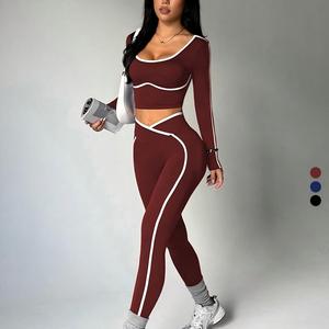 Women's Pink 2 Piece Yoga Set Crisscross Straps High Waist Full Length <b>Leggings</b> Seamless <b>Crop</b> Top - Product Image 6