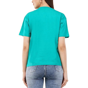 T-shirt décontracté pour femme, col rond, manches courtes, imprimé floral vert sarcelle, coupe ample, printemps-été, 100 % coton jersey tricoté - Product Image 2