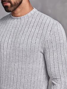 Mens Light Grey Ribbed Knit Sweater Long Sleeve Crew Neck Pullover Casual Slim Fit Soft Stretch Winter Top - Product Image 4