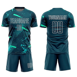 ชุดยูนิฟอร์มฟุตบอลแบบยูนิเซ็กซ์ สีน้ำเงินเข้ม-เขียวอมฟ้า เสื้อเจอร์ซีย์พิมพ์ลายแบบซับลิเมชั่น กางเกงขาสั้น ระบายเหงื่อได้ดี ทรงสปอร์ต เหมาะสำหรับทุกฤดูกาล - Product Image 1
