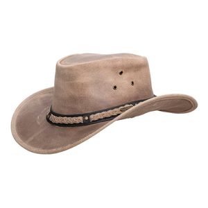 Distressed Nubuck Leather Outback <b>Hat</b> Vintage Brown Wide Brim Bush <b>Hat</b> with Slim Braided <b>Band</b> - Product Image 1