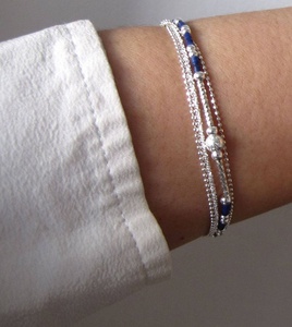 925 Sterling Silver Blue Beaded Layered <b>Bracelet</b> Handmade Minimalist Chain <b>Bracelet</b> Dainty Stackable Jewelry Gift for Women - Product Image 3