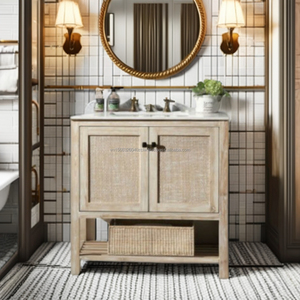 Meuble de salle de bain vintage rétro en bois massif brun foncé de 36 pouces, à poser au sol, avec un seul lavabo, tiroirs à fermeture douce de qualité supérieure - Product Image 1