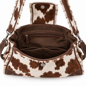 Sac en cuir à imprimé vache avec fermeture à boucle, motif noir et blanc, sac à main à bandoulière - Product Image 4