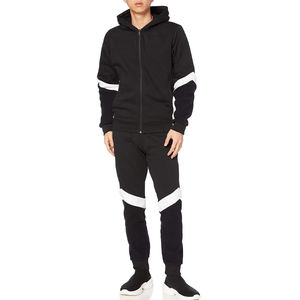 mens black and white chevron panel tracksuit full zip hooded jacket and <b>cuffed</b> <b>jogger</b> pants set activewear sports outfit - Product Image 1